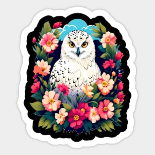 Cute Snowy Owl Surrounded by Bold Vibrant Spring Flowers Sticker